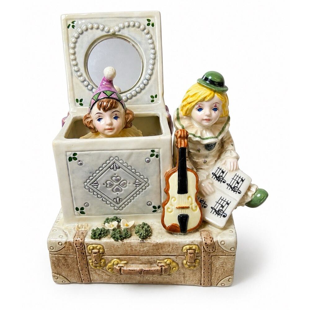 Vintage Schmid Porcelain Clown Music Box Vanity Mirror Trinket Box Limited